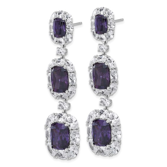 Cheryl M Sterling Silver Rhodium-plated Polished Fancy Purple and White CZ Halo Cluster Post Dangle Earrings