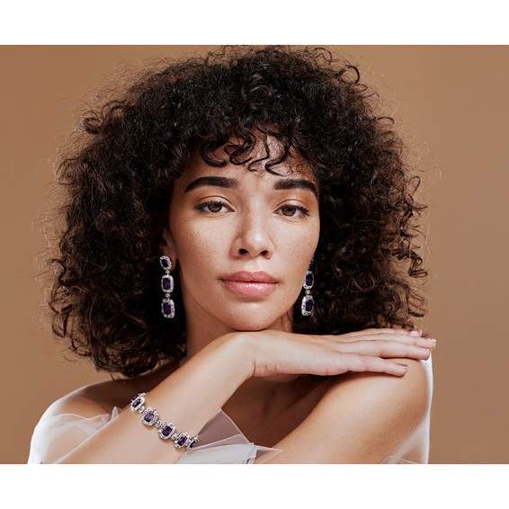 Cheryl M Sterling Silver Rhodium-plated Polished Fancy Purple and White CZ Halo Cluster Post Dangle Earrings