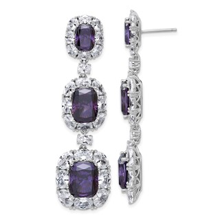 Cheryl M Sterling Silver Rhodium-plated Polished Fancy Purple and White CZ Halo Cluster Post Dangle Earrings