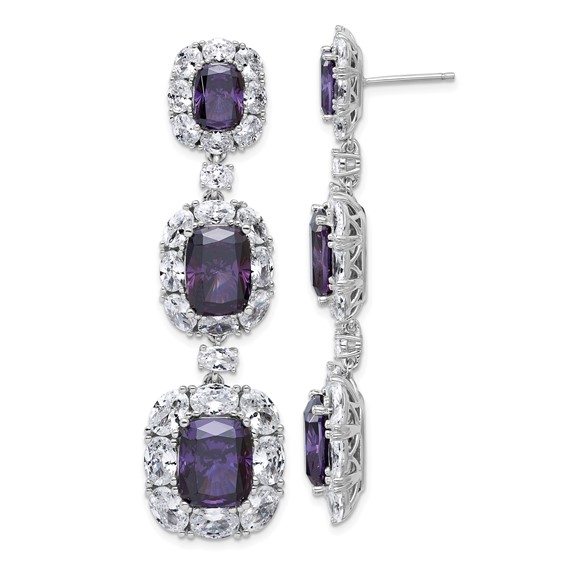 Cheryl M Sterling Silver Rhodium-plated Polished Fancy Purple and White CZ Halo Cluster Post Dangle Earrings