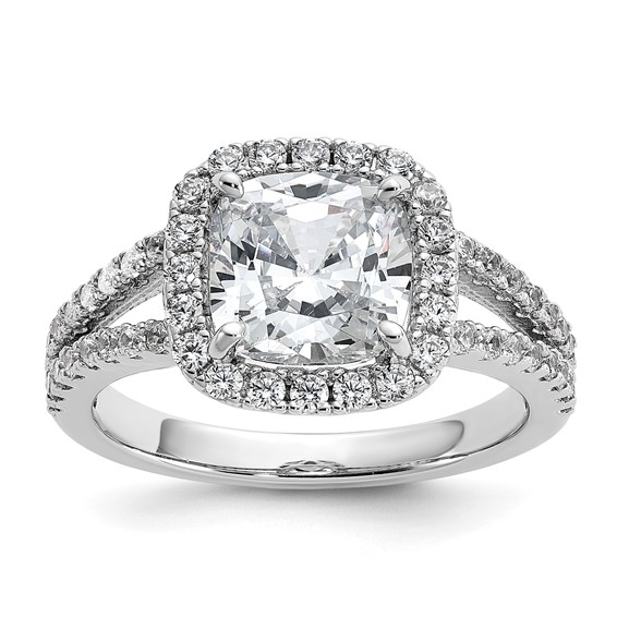 Cheryl M Sterling Silver Rhodium-plated Polished Cushion-cut CZ Halo Ring
