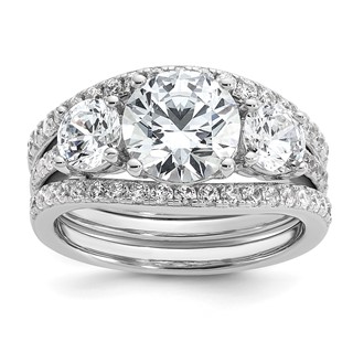 Cheryl M Sterling Silver Rhodium-plated Polished 3-Stone CZ Ring with 2 Bands Ring Set