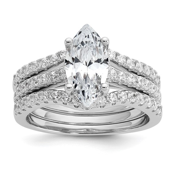 Cheryl M Sterling Silver Rhodium-plated Polished Marquise CZ with Two Bands Ring Set