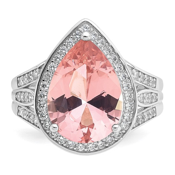 Cheryl M Sterling Silver Rhodium-plated Polished Pink Nano Crystal and CZ Teardrop Halo Ring