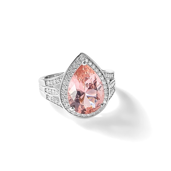 Cheryl M Sterling Silver Rhodium-plated Polished Pink Nano Crystal and CZ Teardrop Halo Ring