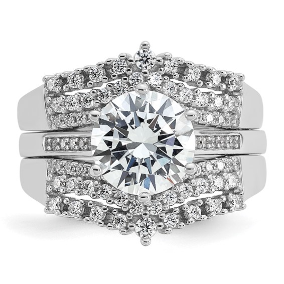 Cheryl M Sterling Silver Rhodium-plated Polished Fancy CZ with Two 3-Row Bands Ring Set