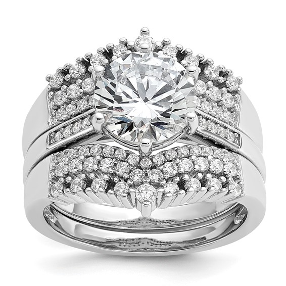 Cheryl M Sterling Silver Rhodium-plated Polished Fancy CZ with Two 3-Row Bands Ring Set
