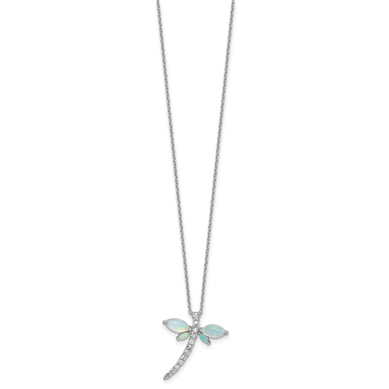 Cheryl M Sterling Silver Rhodium-plated Polished Lab Created Opal and CZ Dragonfly with 2 Inch Extension Necklace