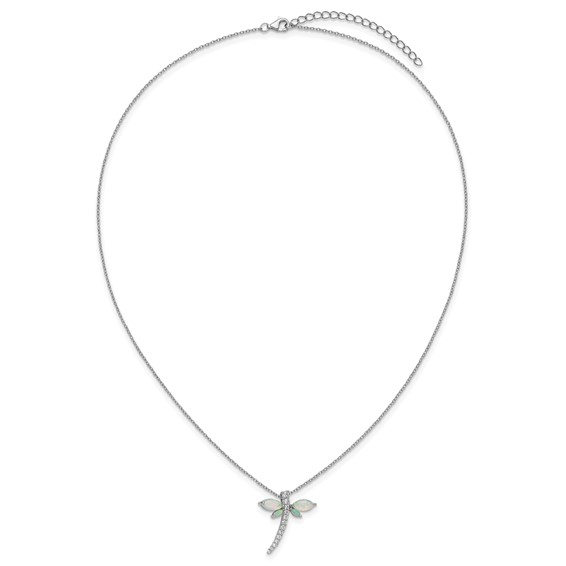 Cheryl M Sterling Silver Rhodium-plated Polished Lab Created Opal and CZ Dragonfly with 2 Inch Extension Necklace