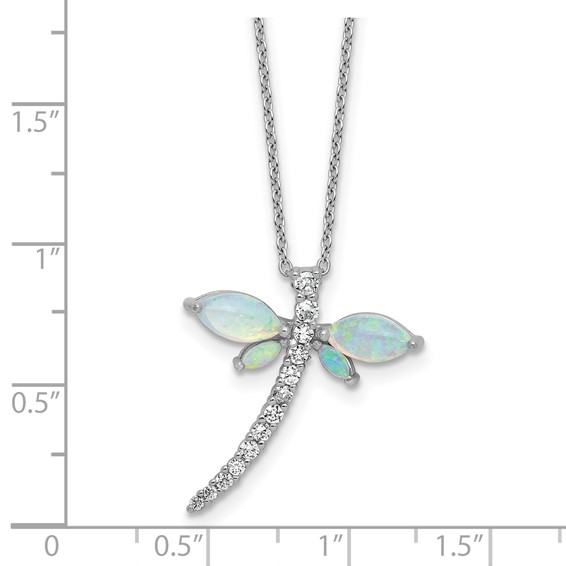 Cheryl M Sterling Silver Rhodium-plated Polished Lab Created Opal and CZ Dragonfly with 2 Inch Extension Necklace