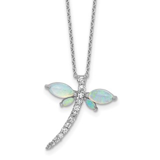 Cheryl M Sterling Silver Rhodium-plated Polished Lab Created Opal and CZ Dragonfly with 2 Inch Extension Necklace
