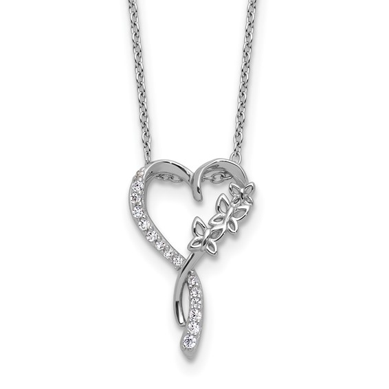 Cheryl M Sterling Silver Rhodium-plated Polished CZ Butterflies Heart with 2 Inch Extension Necklace
