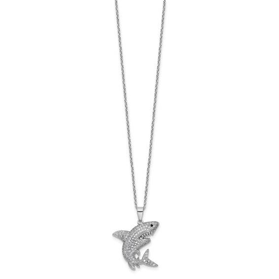 Cheryl M Sterling Silver Rhodium-plated Polished Lab Created Black Spinel and CZ Shark with 2 Inch Extension Necklace