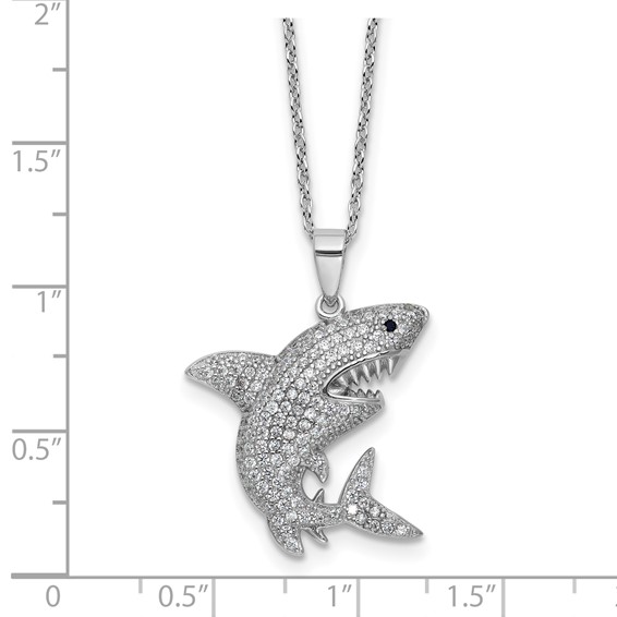 Cheryl M Sterling Silver Rhodium-plated Polished Lab Created Black Spinel and CZ Shark with 2 Inch Extension Necklace