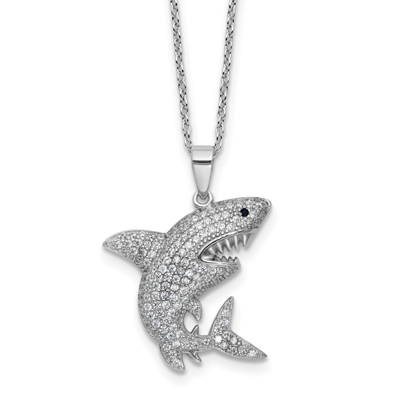 Cheryl M Sterling Silver Rhodium-plated Polished Lab Created Black Spinel and CZ Shark with 2 Inch Extension Necklace