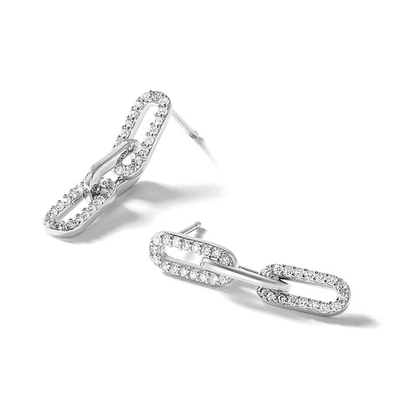 Cheryl M Sterling Silver Rhodium-plated Polished CZ Paperclip Link Post Dangle Earrings