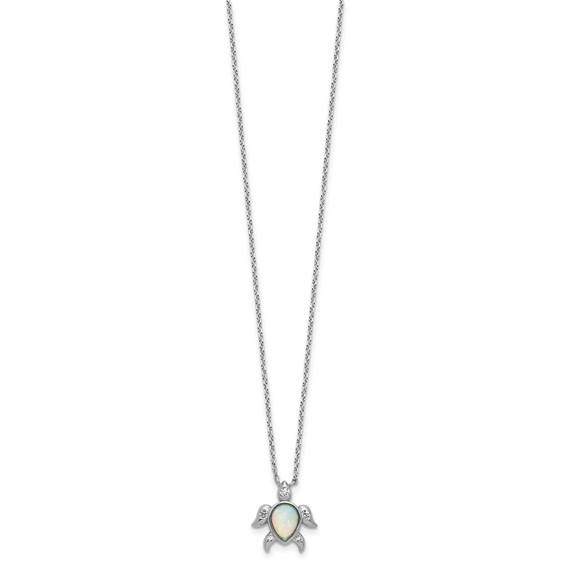 Cheryl M Sterling Silver Rhodium-plated Polished Lab Created Opal and CZ Turtle Necklace