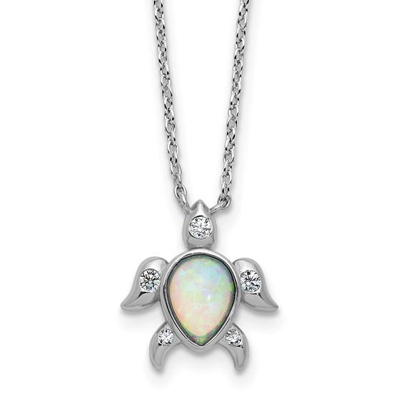 Cheryl M Sterling Silver Rhodium-plated Polished Lab Created Opal and CZ Turtle Necklace