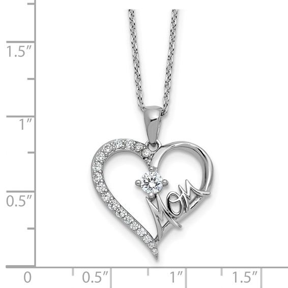 Cheryl M Sterling Silver Rhodium-plated Polished CZ Mom Heart with 2 Inch Extension Necklace