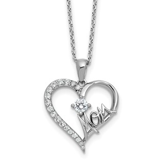 Cheryl M Sterling Silver Rhodium-plated Polished CZ Mom Heart with 2 Inch Extension Necklace