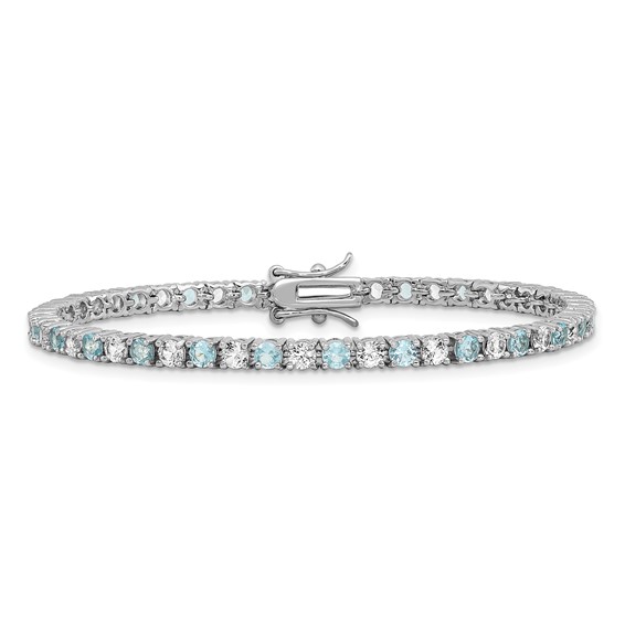 Cheryl M Sterling Silver Rhodium-plated Polished Aqua Glass and CZ Tennis Bracelet