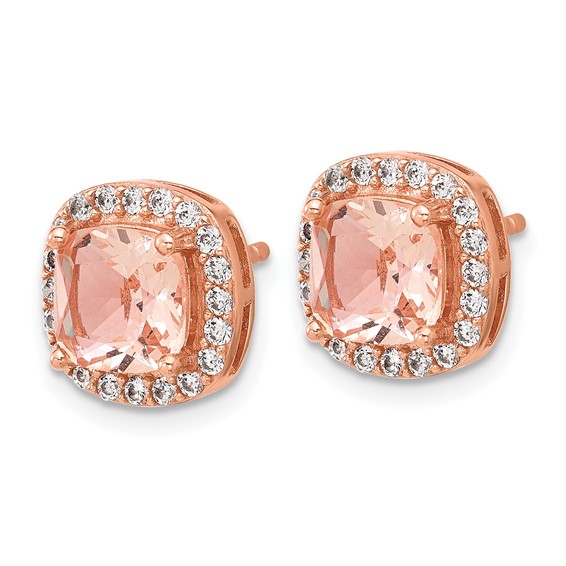 Cheryl M Sterling Silver Rose Gold-plated Polished CZ and Pink Glass Halo Post Earrings
