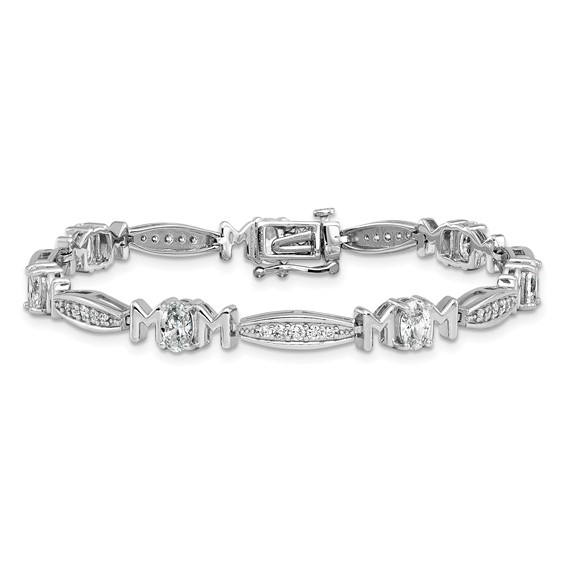 Cheryl M Sterling Silver Rhodium-plated Polished CZ Mom with Safety Clasp Bracelet