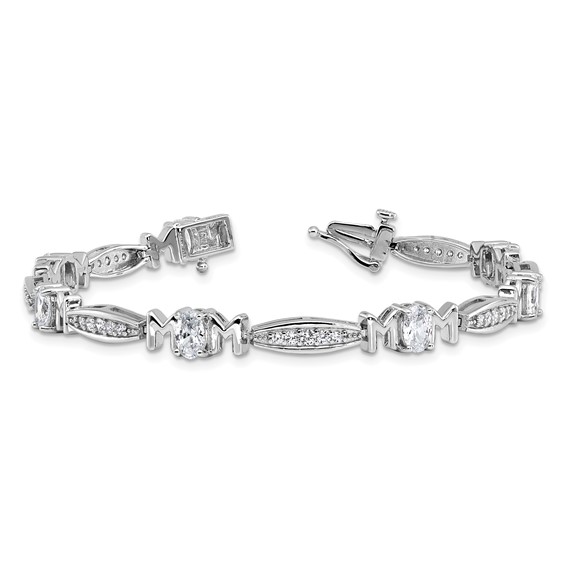 Cheryl M Sterling Silver Rhodium-plated Polished CZ Mom with Safety Clasp Bracelet