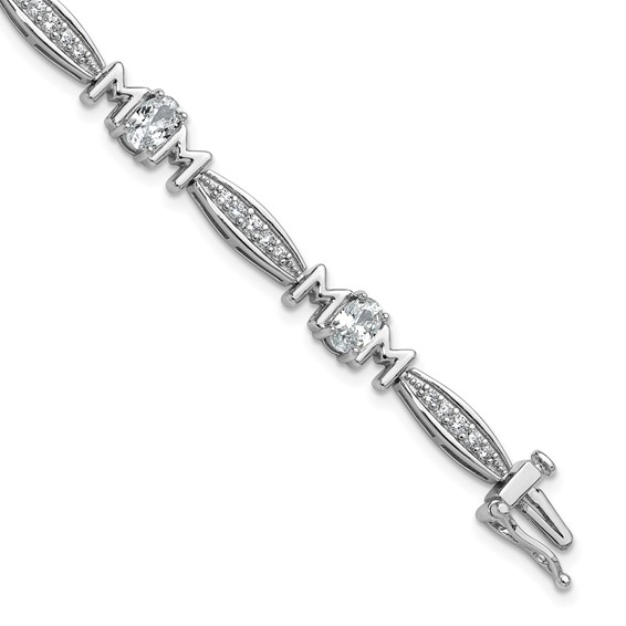 Cheryl M Sterling Silver Rhodium-plated Polished CZ Mom with Safety Clasp Bracelet