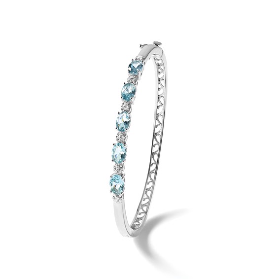 Cheryl M Sterling Silver Rhodium-plated Polished Fancy Aqua Glass and CZ Hinged Bangle