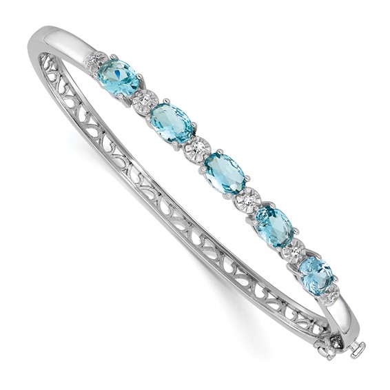 Cheryl M Sterling Silver Rhodium-plated Polished Fancy Aqua Glass and CZ Hinged Bangle