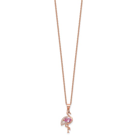 Cheryl M Sterling Silver Rose-tone Polished Lab Created Ruby Black Spinel and CZ Flamingo Necklace