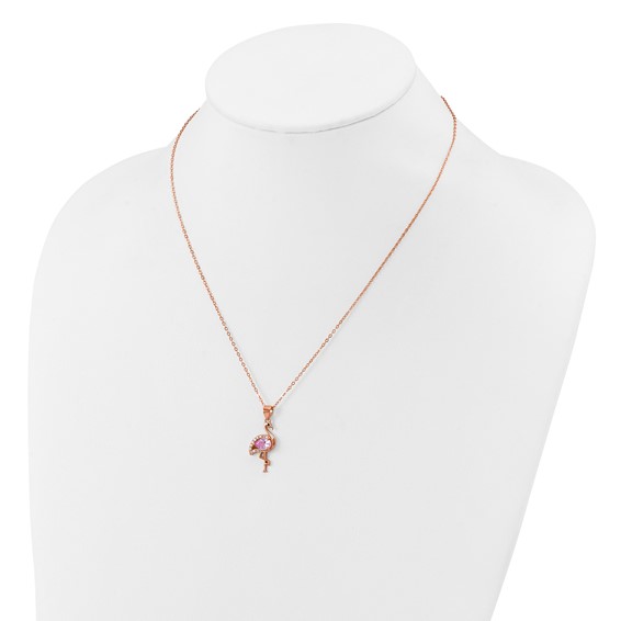 Cheryl M Sterling Silver Rose-tone Polished Lab Created Ruby Black Spinel and CZ Flamingo Necklace