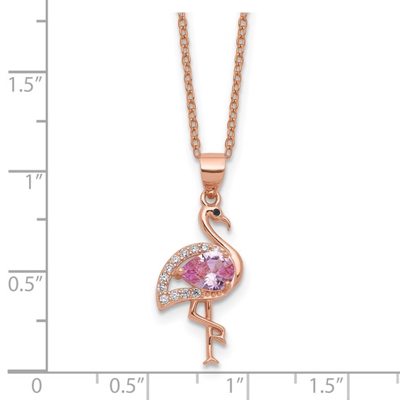Cheryl M Sterling Silver Rose-tone Polished Lab Created Ruby Black Spinel and CZ Flamingo Necklace