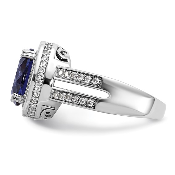 Cheryl M Sterling Silver Rhodium-plated Polished Fancy Blue and White CZ Halo Ring