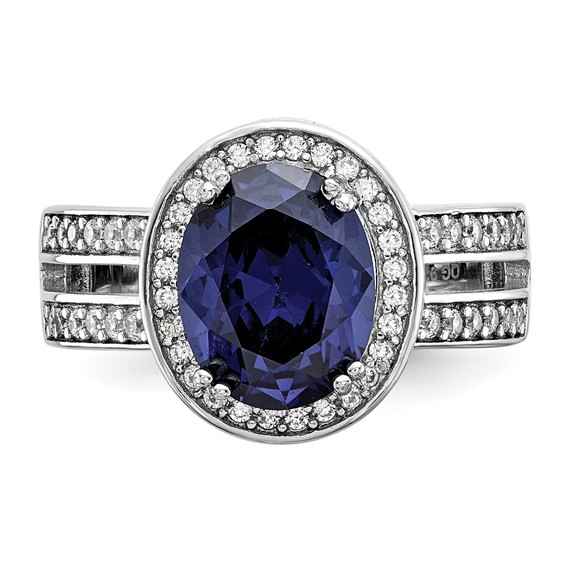 Cheryl M Sterling Silver Rhodium-plated Polished Fancy Blue and White CZ Halo Ring