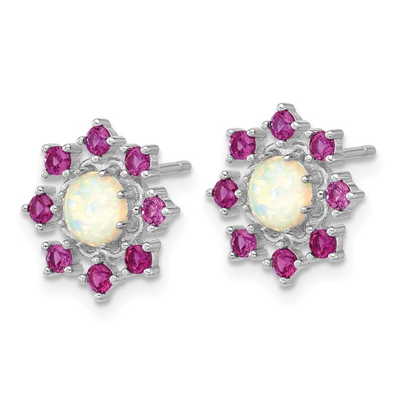 Cheryl M Sterling Silver Rhodium-plated Polished Created Opal and Pink Crystal Flower Post Earrings