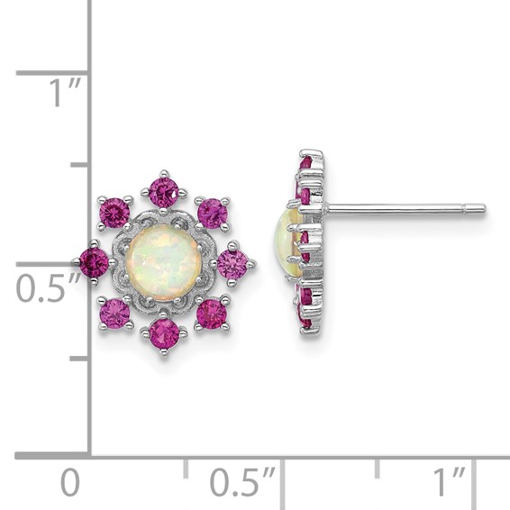 Cheryl M Sterling Silver Rhodium-plated Polished Created Opal and Pink Crystal Flower Post Earrings