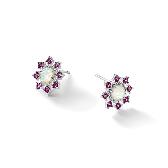 Cheryl M Sterling Silver Rhodium-plated Polished Created Opal and Pink Crystal Flower Post Earrings