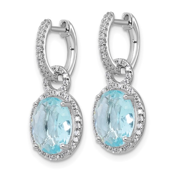 Cheryl M Sterling Silver Rhodium-plated Polished Aqua Glass and CZ Dangle Hinged Round Hoop Earrings