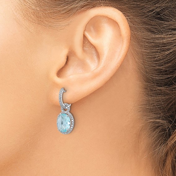 Cheryl M Sterling Silver Rhodium-plated Polished Aqua Glass and CZ Dangle Hinged Round Hoop Earrings