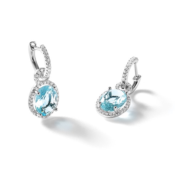 Cheryl M Sterling Silver Rhodium-plated Polished Aqua Glass and CZ Dangle Hinged Round Hoop Earrings