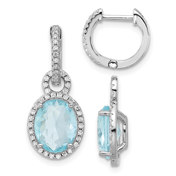 Cheryl M Sterling Silver Rhodium-plated Polished Aqua Glass and CZ Dangle Hinged Round Hoop Earrings