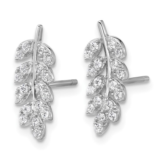 Cheryl M Sterling Silver Rhodium-plated Polished CZ Leaf Post Earrings