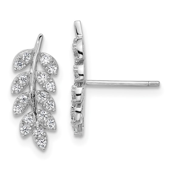 Cheryl M Sterling Silver Rhodium-plated Polished CZ Leaf Post Earrings