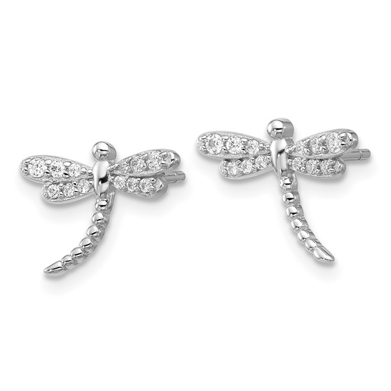 Cheryl M Sterling Silver Rhodium-plated Polished and Beaded CZ Dragonfly Post Earrings