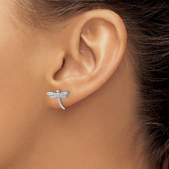 Cheryl M Sterling Silver Rhodium-plated Polished and Beaded CZ Dragonfly Post Earrings