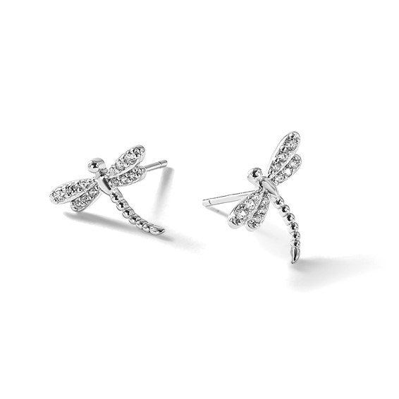 Cheryl M Sterling Silver Rhodium-plated Polished and Beaded CZ Dragonfly Post Earrings