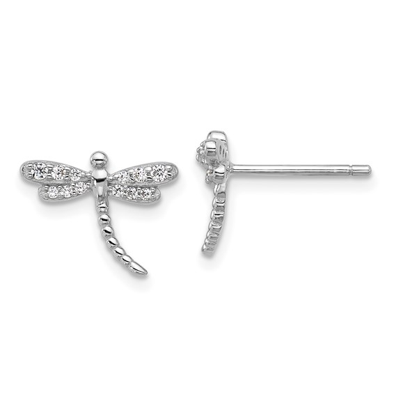 Cheryl M Sterling Silver Rhodium-plated Polished and Beaded CZ Dragonfly Post Earrings
