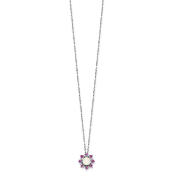 Cheryl M Sterling Silver Rhodium-plated Polished Created Opal and Pink Crystal Flower Necklace
